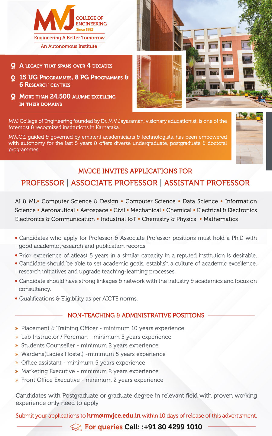 MVJCE Invites applications for Academic Positions