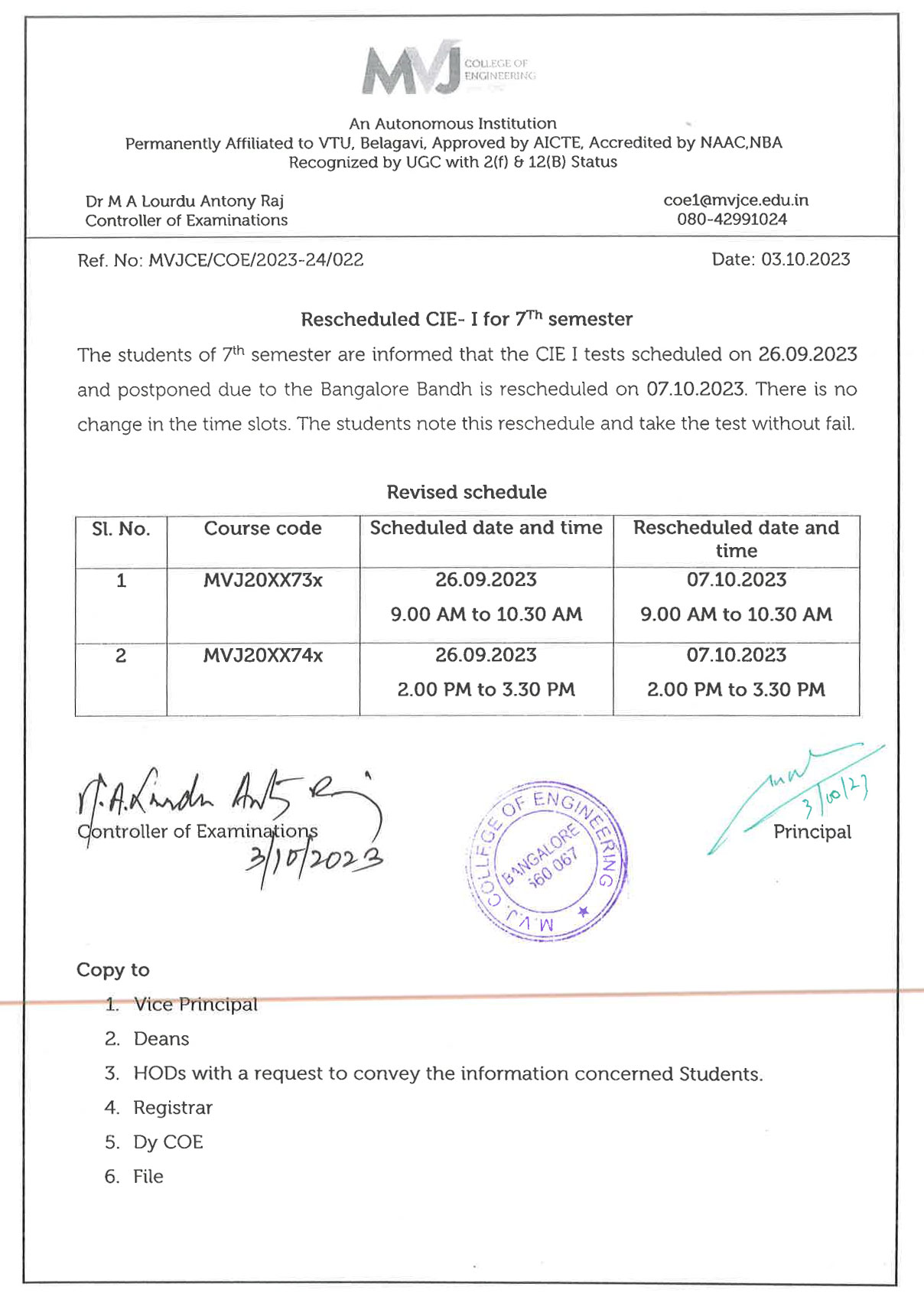 Rescheduled CIE-1 for 7th Semester