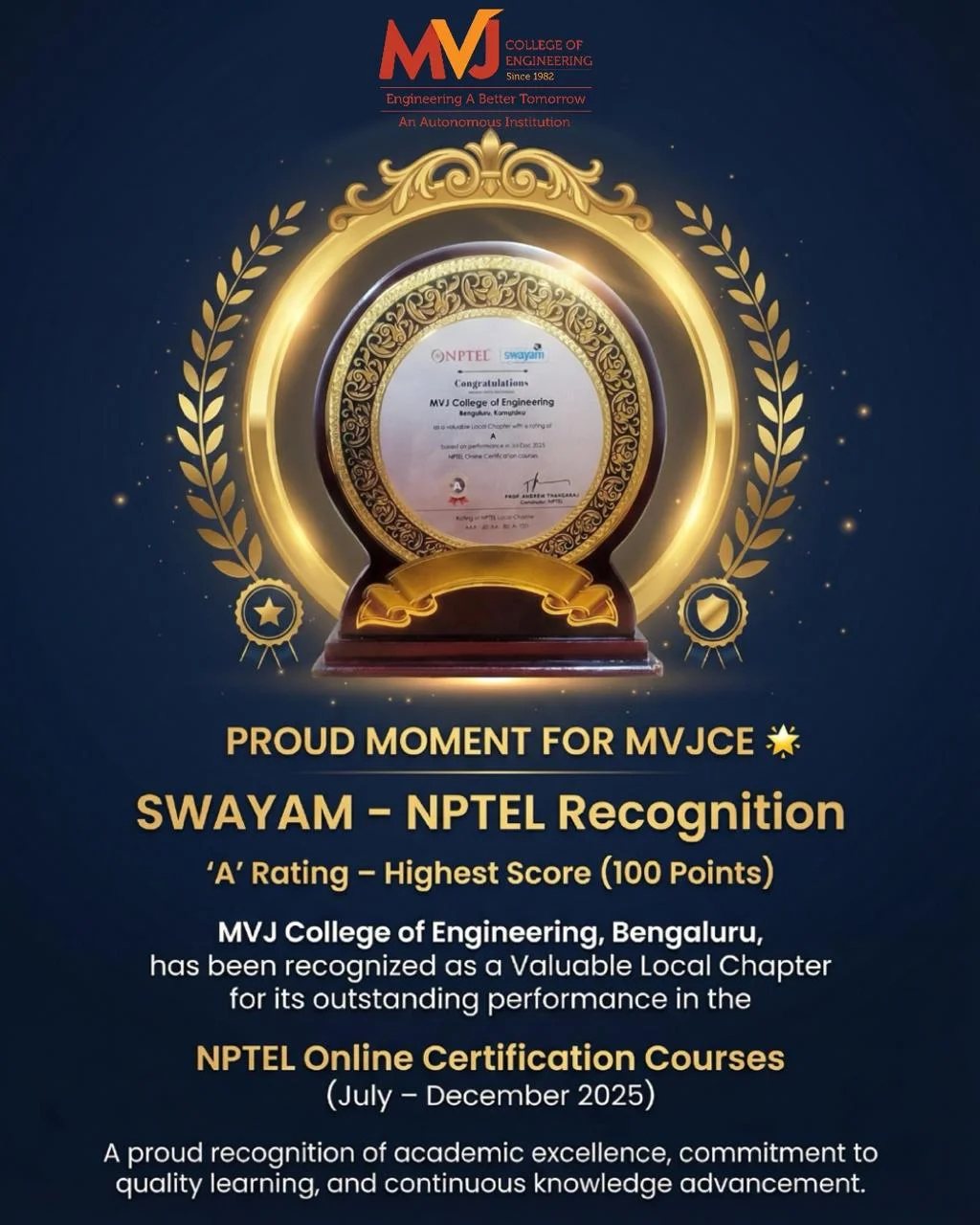 MVJCE Earns Top ‘A’ Rating from SWAYAM–NPTEL for July–December 2025